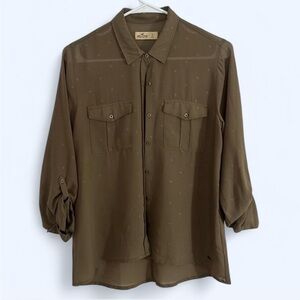 Hollister Sheer Button Down Blouse Roll Tab Sleeves Size Small